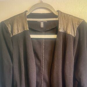 Eileen Fisher Black Open Front Jacket Leather Shoulder Trim Size Large